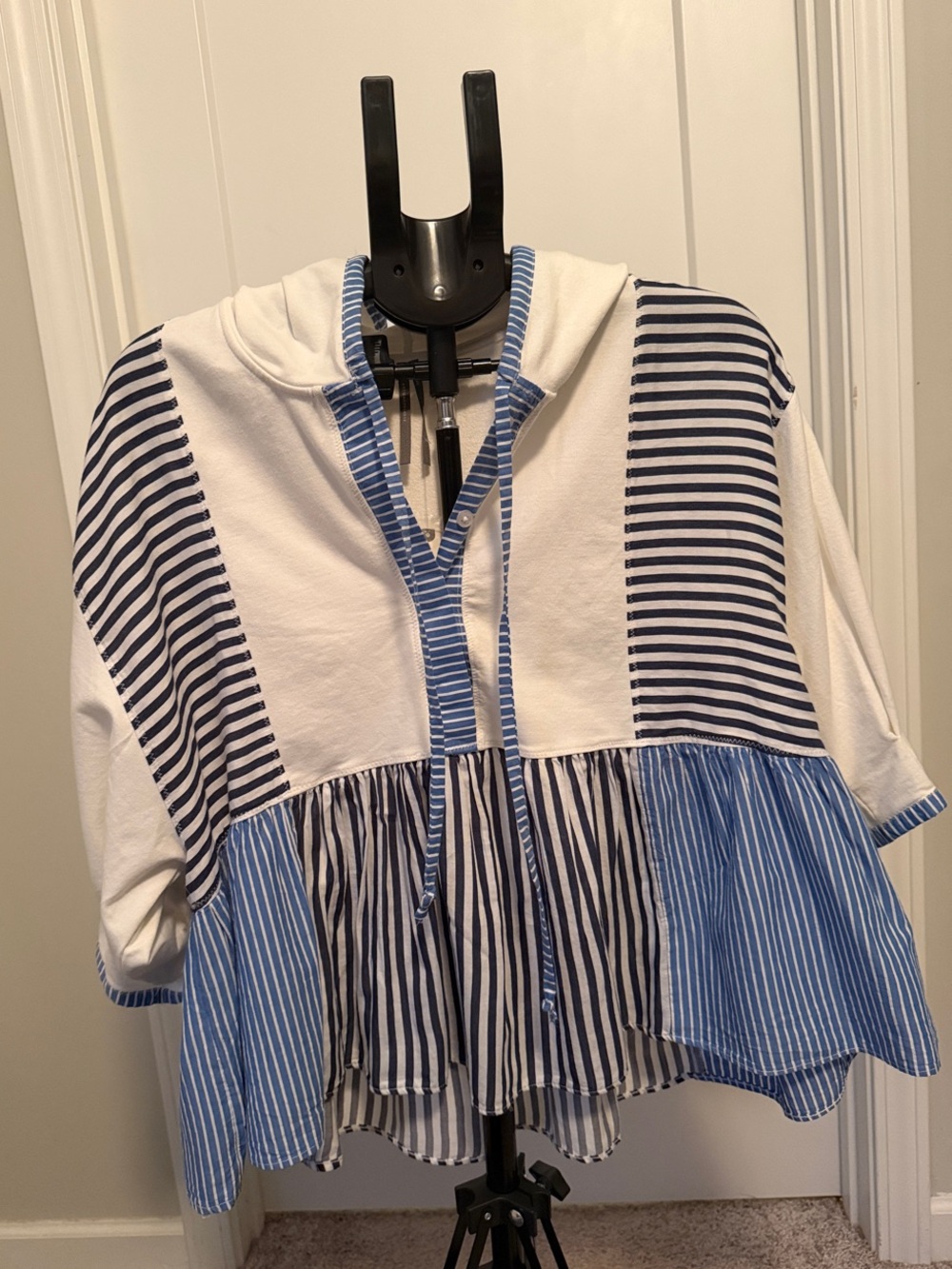 Anthropologie Navy & White Striped Hooded Peplum Pullover NWT
